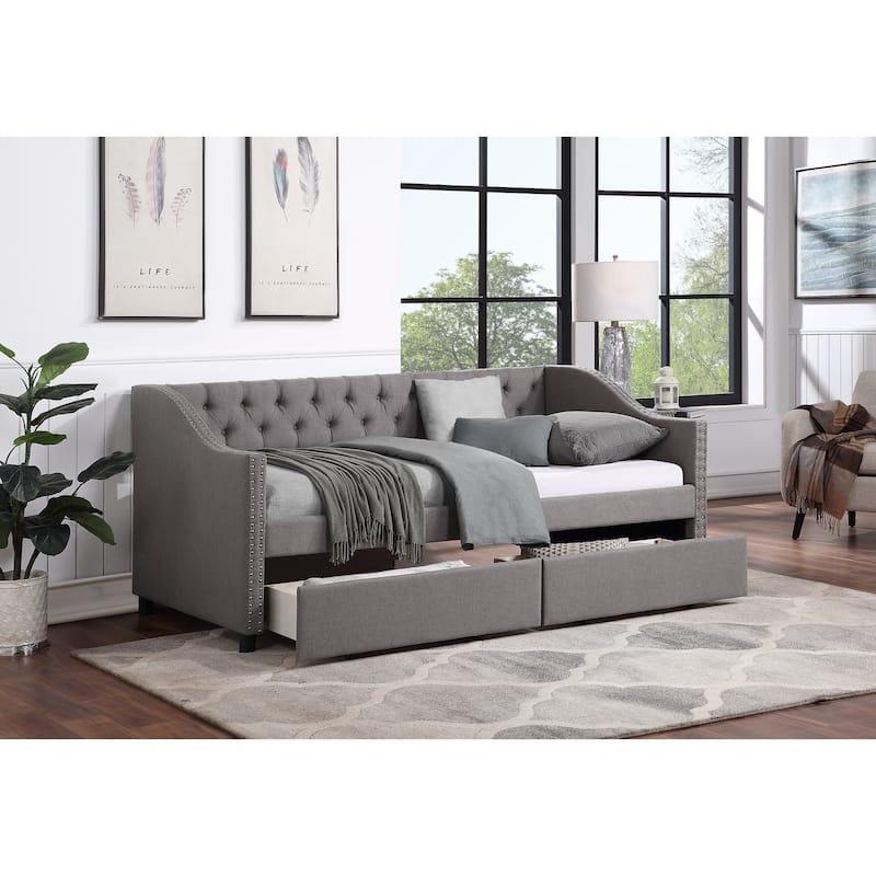 Elegant Twin Upholstered Daybed with 2 Storage Drawers - Solid Wood Slat Support
