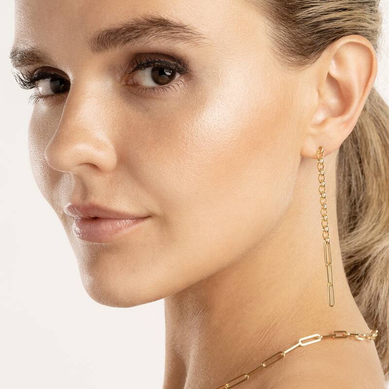Curata 14k Yellow Gold Hollow Half Rolo and Paperclip Long Drop Dangle Earrings
