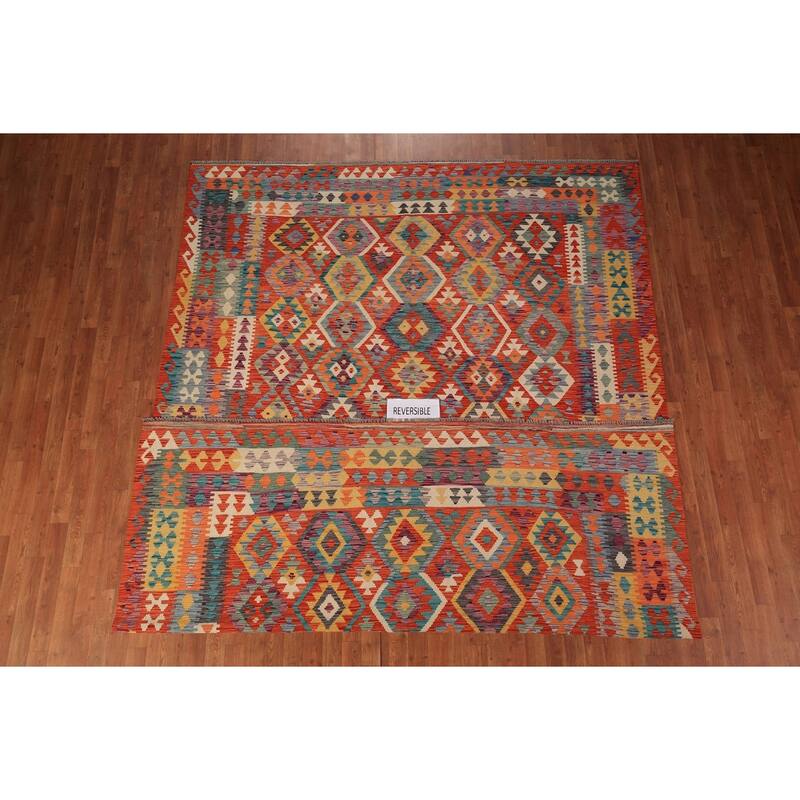 Kilim Oriental Area Rug Flatweave Geometric Orange Wool Carpet - 8'2" x 11'5"