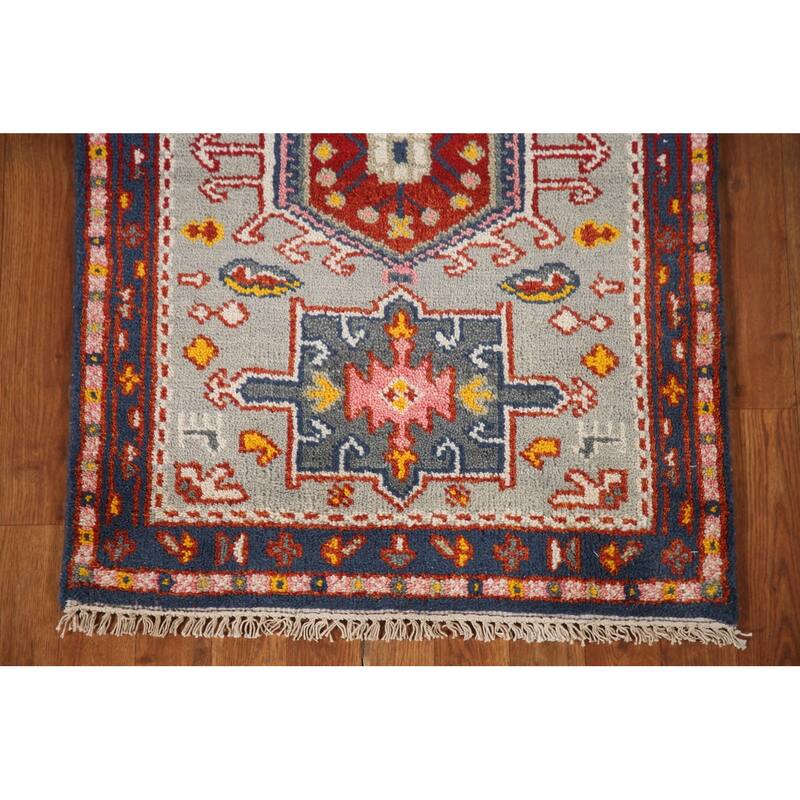 Geometric Green Kazak Indian Runner Rug Hand-knotted Wool Carpet - 2'6"x 9'11"