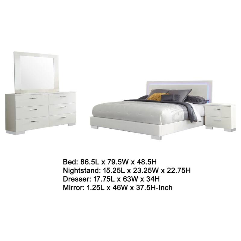 Sok 4pc King Bedroom Set, Faux Leather Upholstery, High Gloss White