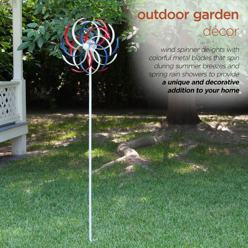 Alpine Corporation 68" Tall Outdoor Solar Powered Patriotic Dual Windmill Spinner Stake Yard Decoration, Red, White, and Blue