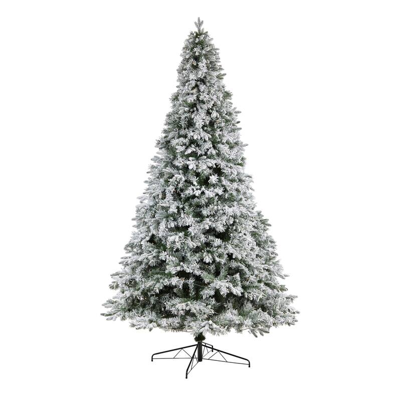 10ft Flocked Christmas Tree with Lights, Realistic Artificial Pine Tree, Holiday Decor, Winter Forest Tree - Green - 120