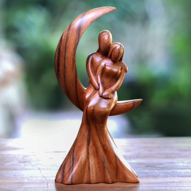 NOVICA Romance on the Moon, Wood sculpture - 11.75" H x 6" W x 3.1" D