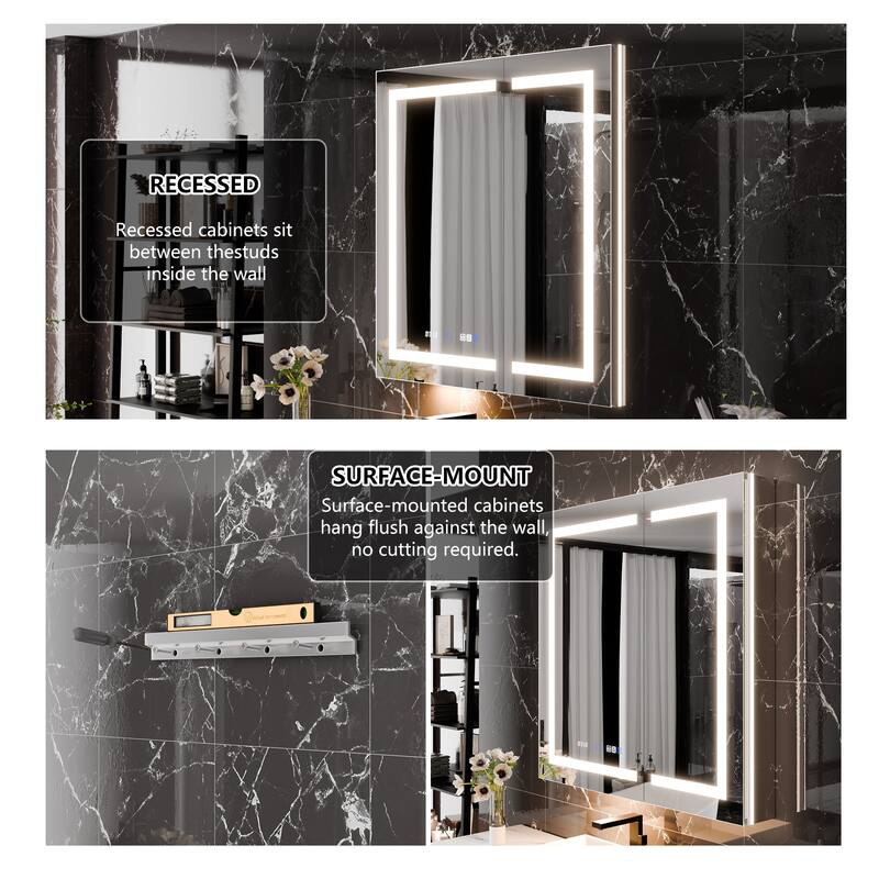 36'' H Recessed or Surface Mounted Bathroom LED Mirror Cabinet With Defogger, Dimmer, 10x magnifying