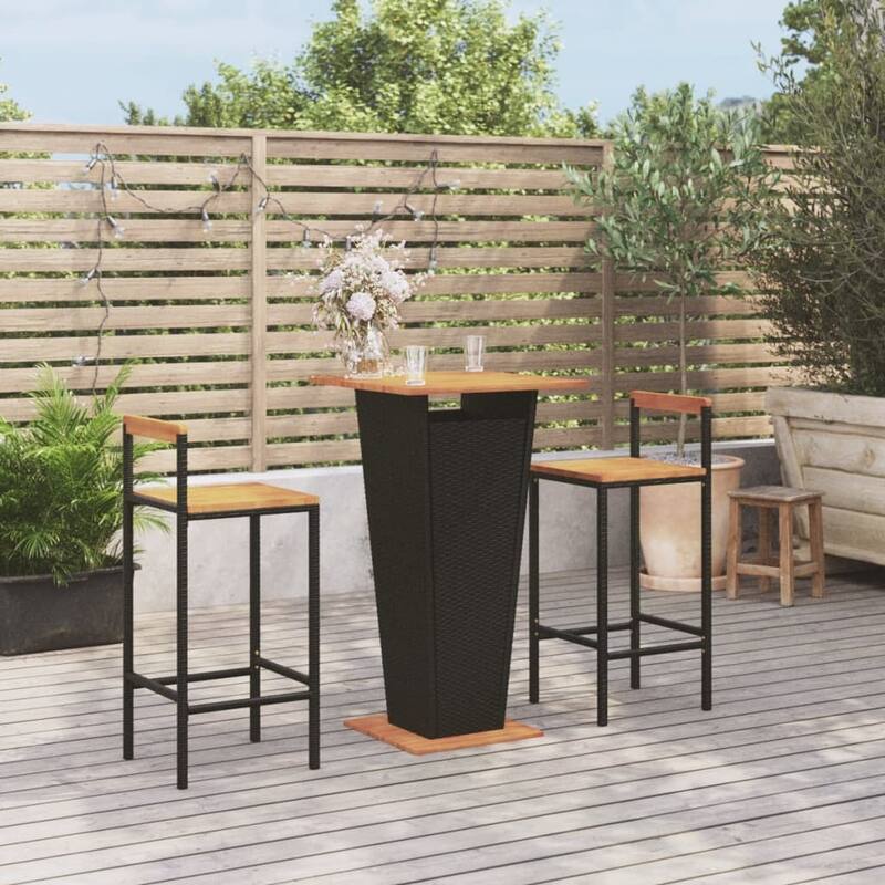 vidaXL 3 Piece Patio Bar Set Black Poly Rattan&Solid Wood Acacia - 15.7" x 17.3" x 39.4" - Black3 Piece