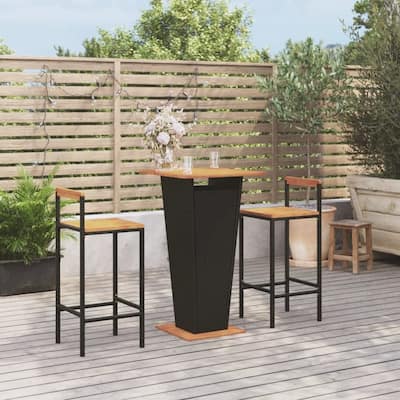 vidaXL 3 Piece Patio Bar Set Black Poly Rattan&Solid Wood Acacia - 15.7" x 17.3" x 39.4"