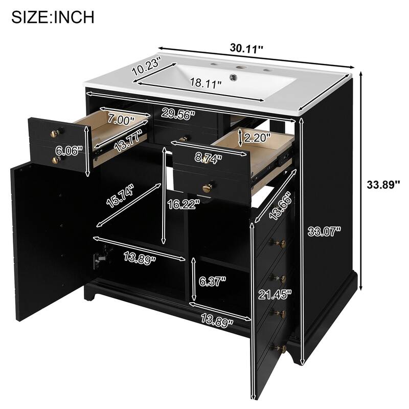 30"Bathroom Vanity with Ceramic Sink, Wood Frame Storage Cabinet, Freestanding Vanity Set with 2 Drawers& Soft Closing Doors