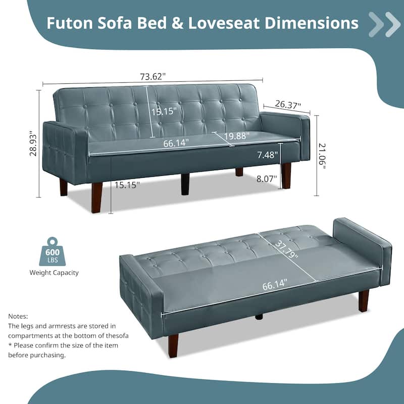 Mid-Century 74” in PU Leather Futon Sofa Bed, Button Tufted Sofa 3-Seat for Living Room Bedroom