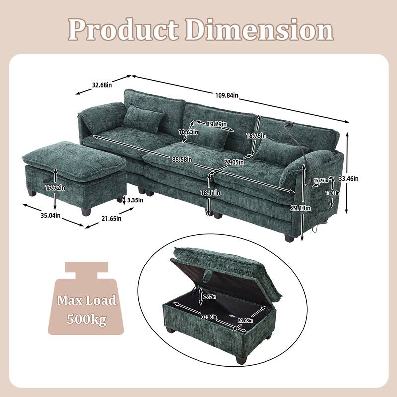 GALDWIN Chenille Upholstered L-shaped Modular Sectional Sleeper Sofa with Movable Storage Ottoman,USB&Type-C