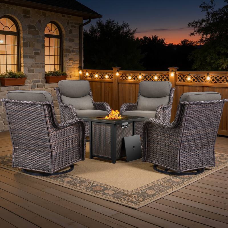 Meyreso 5-Piece Outdoor Patio Wicker Fire Pit 4 person Conversation Set with 5-Inch Thick Cushions