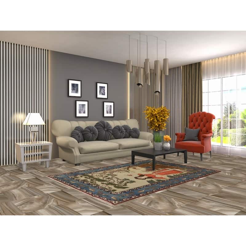 Hand Knotted Oriental 100% Wool Carpet Traditional Pictorial Green Kashan Area Rug - 6' 8'' X 4' 6''