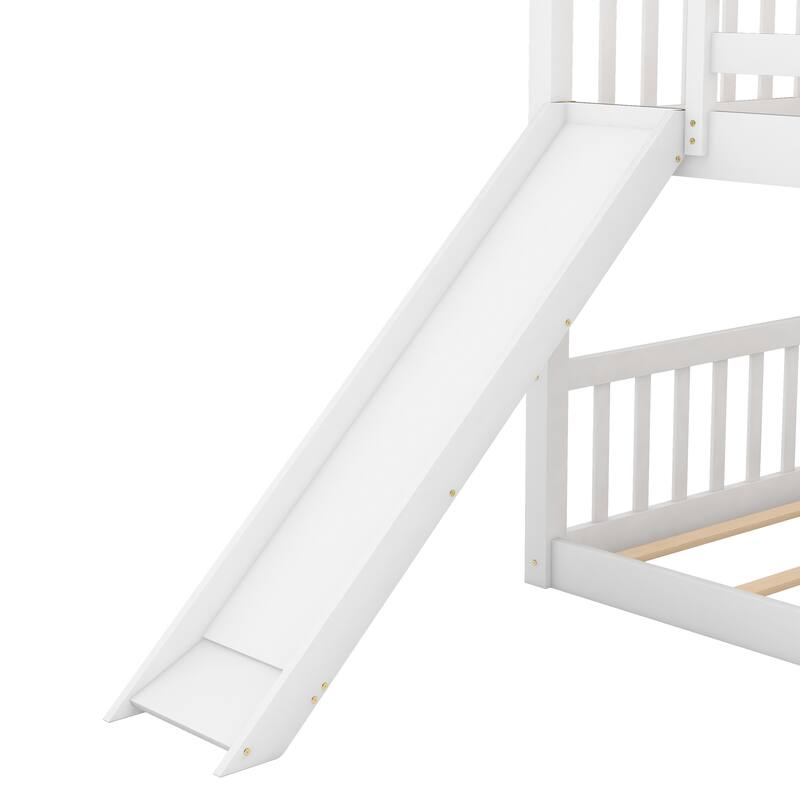 Wooden Low Bunkbeds Frame, Kids Bunk Bed w/Convertible Slide & Ladder