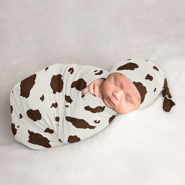 slide 2 of 6, Wild West Cow Print Baby Cocoon and Beanie Hat Sleep Sack 2pc Set Brown and Cream Gender Neutral Western Southern Country Animal