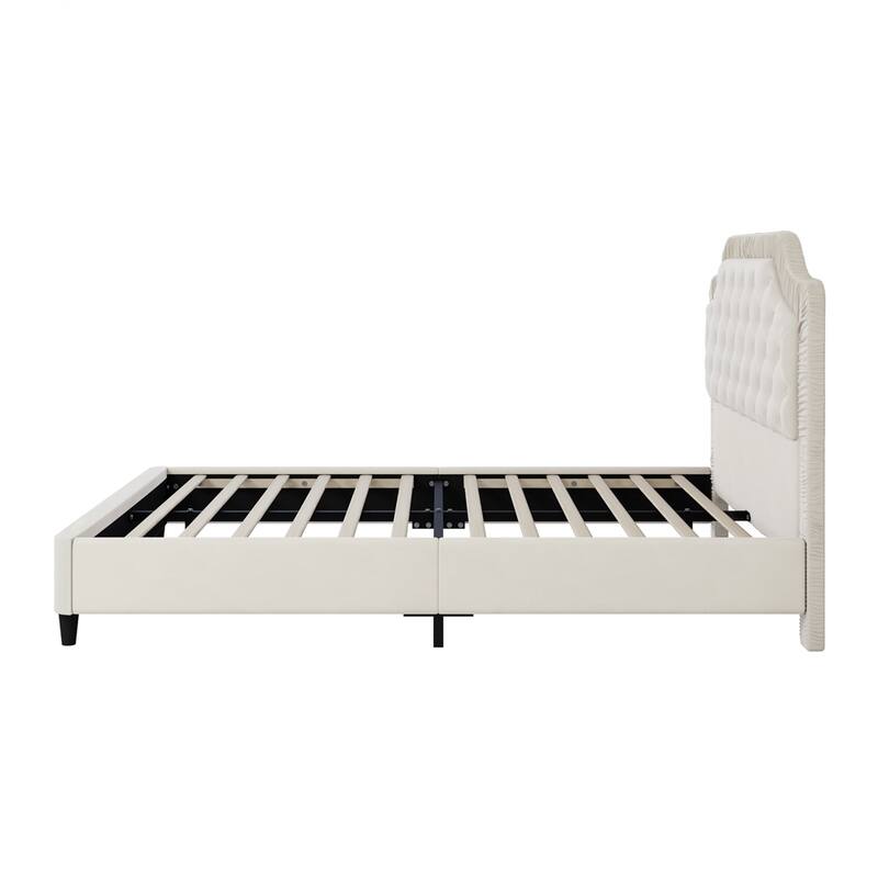 Queen Size Upholstered Bed with Ruched and Button Tufted Headboard