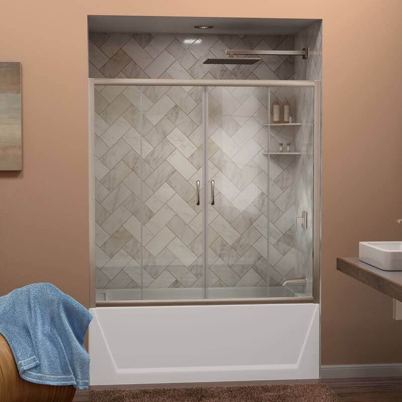 DreamLine Visions 56-60 in. W x 58 in. H Semi-Frameless Sliding Tub Door - 56" - 60" W - Brushed Nickel Finish
