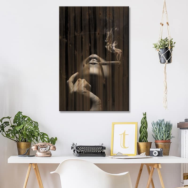 Woman Smoking A Cigar Print On Wood by Johan Swanepoel - Multi-Color