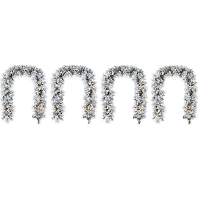 Glitzhome Pre-Lit Snow Flocked White/Greenery Pine Garland & Wreath & Teardrop - Set of 4 "6ft Garland" with Greenery Pine
