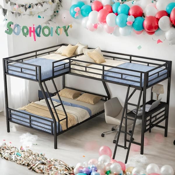 slide 2 of 10, Twin over Full Bunk Bed with a Twin Size Loft Bed attached, with a Desk, Metal, Black Black - Twin