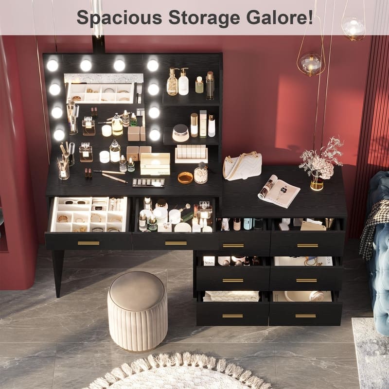 61" Makeup Vanity Desk with Mirror and Lights, 8 Drawers, 2 Shelves
