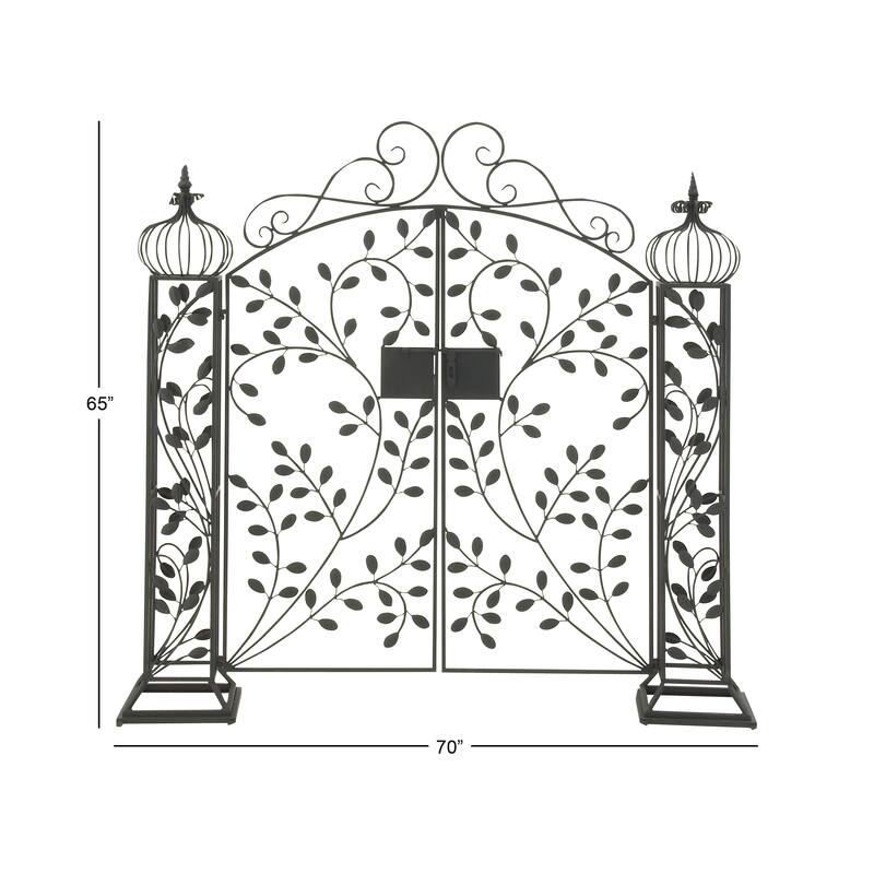 Black Metal Indoor Outdoor Scrollwork Arched Gate Garden Arbor with Vines and Latch Lock Closure