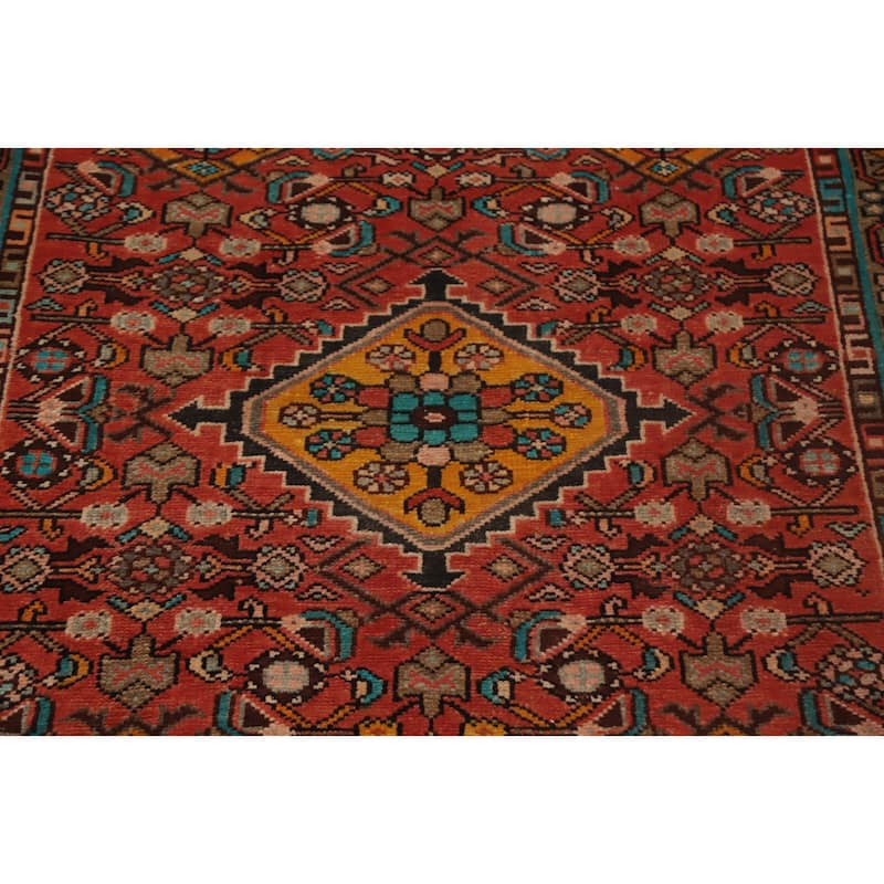 Hand Knotted Oriental 100% Wool Carpet Traditional Geometric Oranges & Rust Hamedan Runner Rug - 10' 4'' X 3' 7''