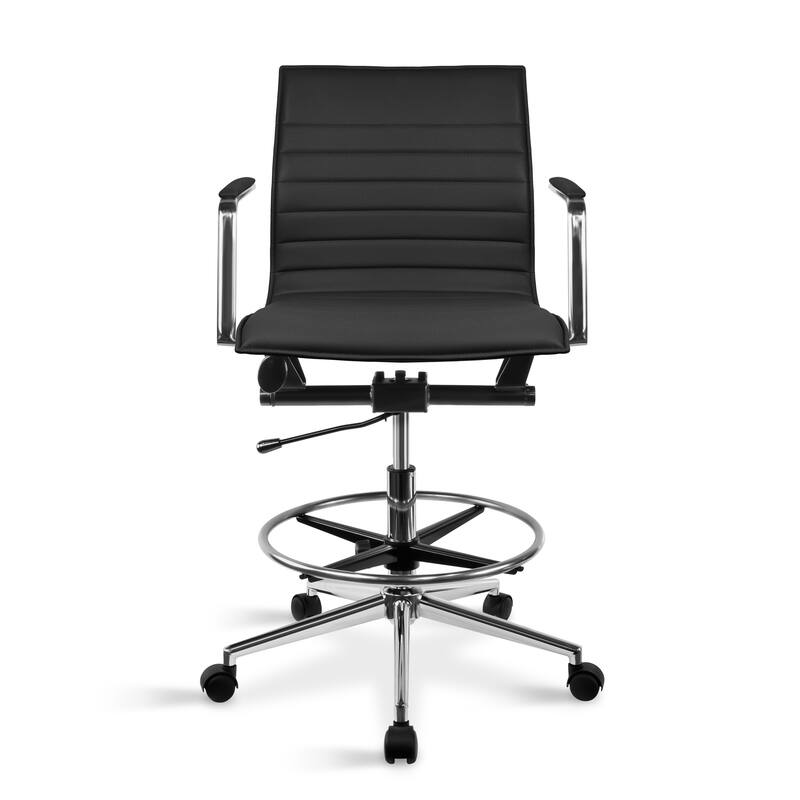 Set of 2 Modern Drafting Chair Upholstered PU Leather Ribbed Mid Back with Tall Adjustable Rest Computer Armchair