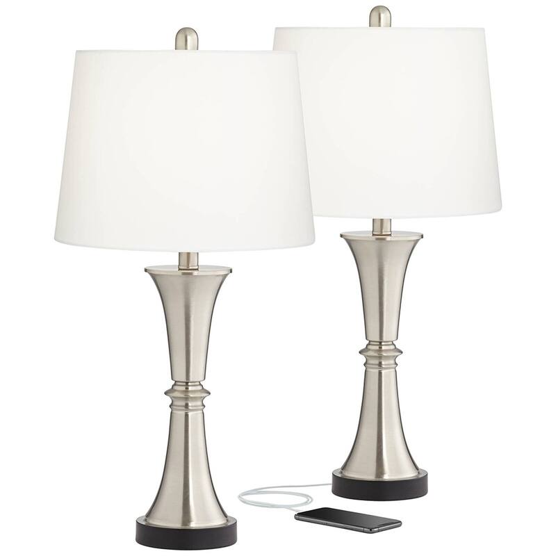 Modern Table Lamps 26" High Set of 2 Silver USB Port Touch White Shade - 13" x 26"
