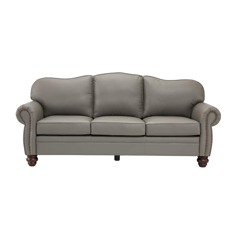 Balvino 81" Wide Transitional Genuine Leather Rolled Arm Nailhead Trim Sofa with Solid Wood Legs and Removable Cushions