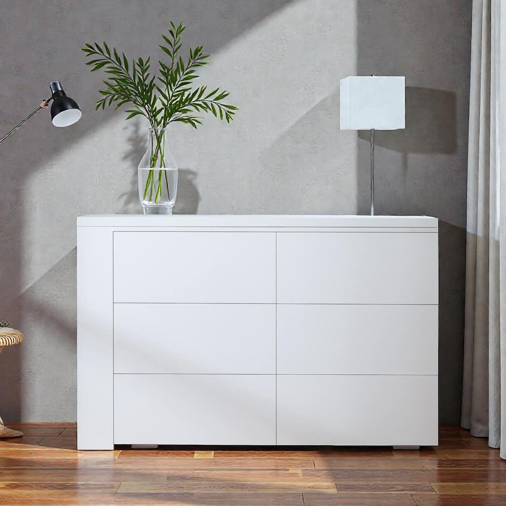 White Minimalist Desk with Removable Desktop, 6 Drawers and 3 Storage Compartments for Home Office