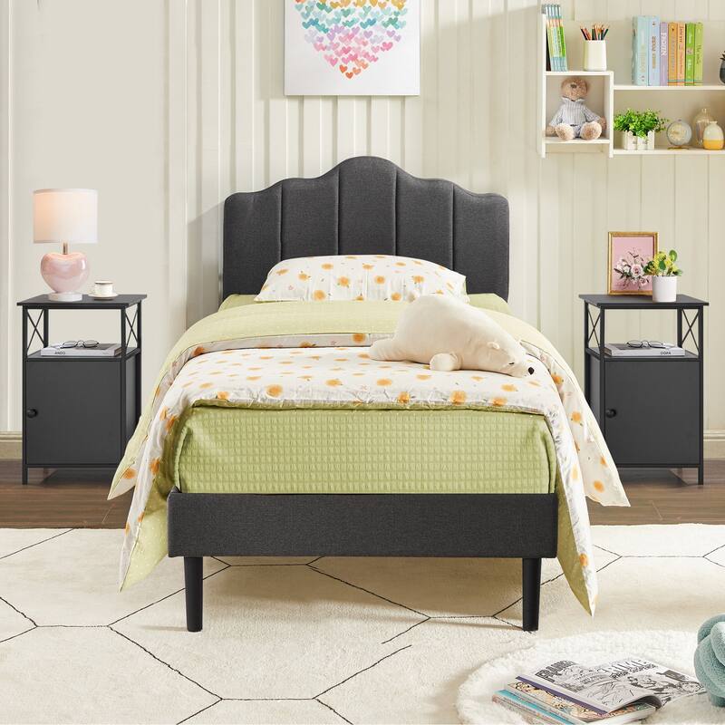 VECELO Modern Bedroom Set of 3 with Height Adjustable Upholstered Bed and Nightstands Set of 2
