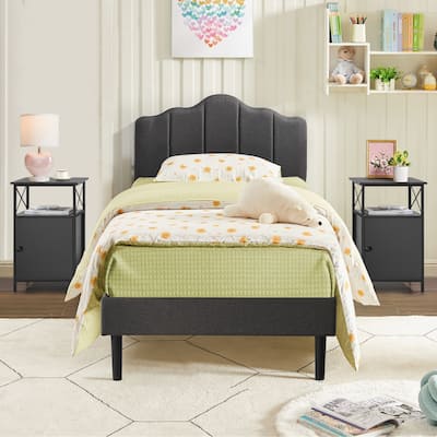 VECELO Modern Bedroom Set of 3 with Height Adjustable Upholstered Bed and Nightstands Set of 2