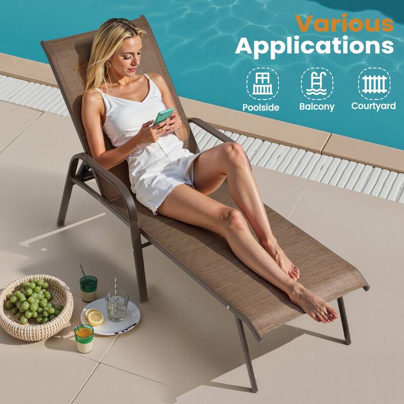 Outdoor Patio Adjustable Back Chaise Lounges Chairs with Arms(Set of 2 )