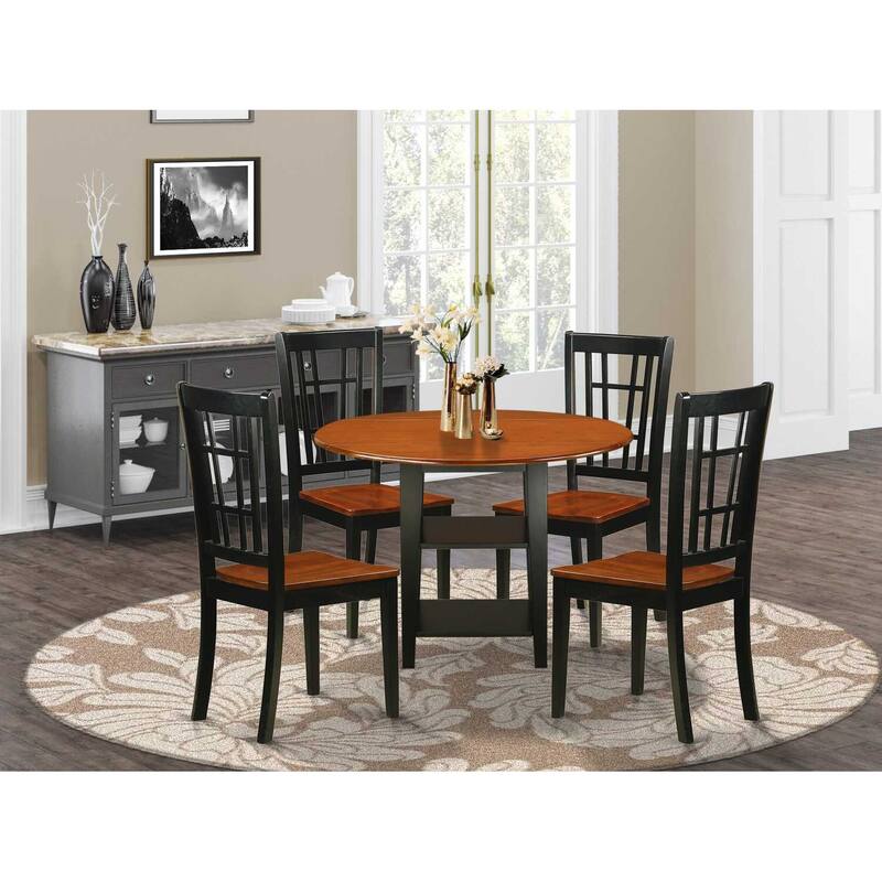 HomeStock 5-Pc Black and Cherry Finish Solid Wood Top - Round Dining Room Set - Seats-4