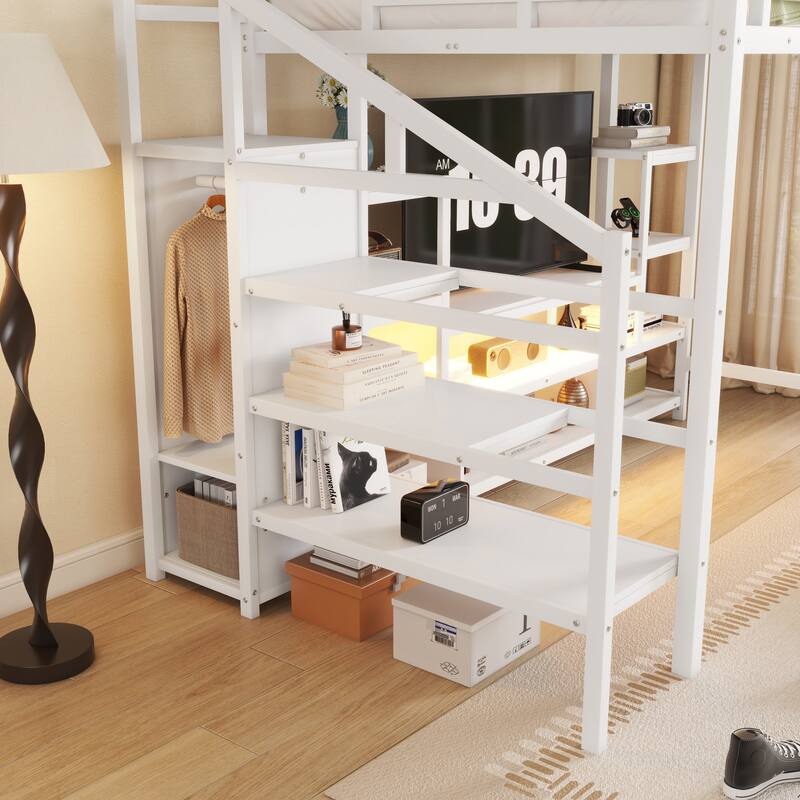 Roomfitters Full Metal Loft Bed, Staircase Storage and TV Stand with Wardrobe for Bedroom, White