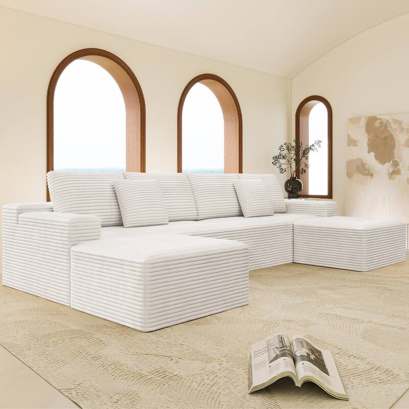 Modular Sectional Sofa with Chaise Lounge, Oversized Corduroy Upholstered 6 Seater Sofa, Full Compressed Boneless Couch - White