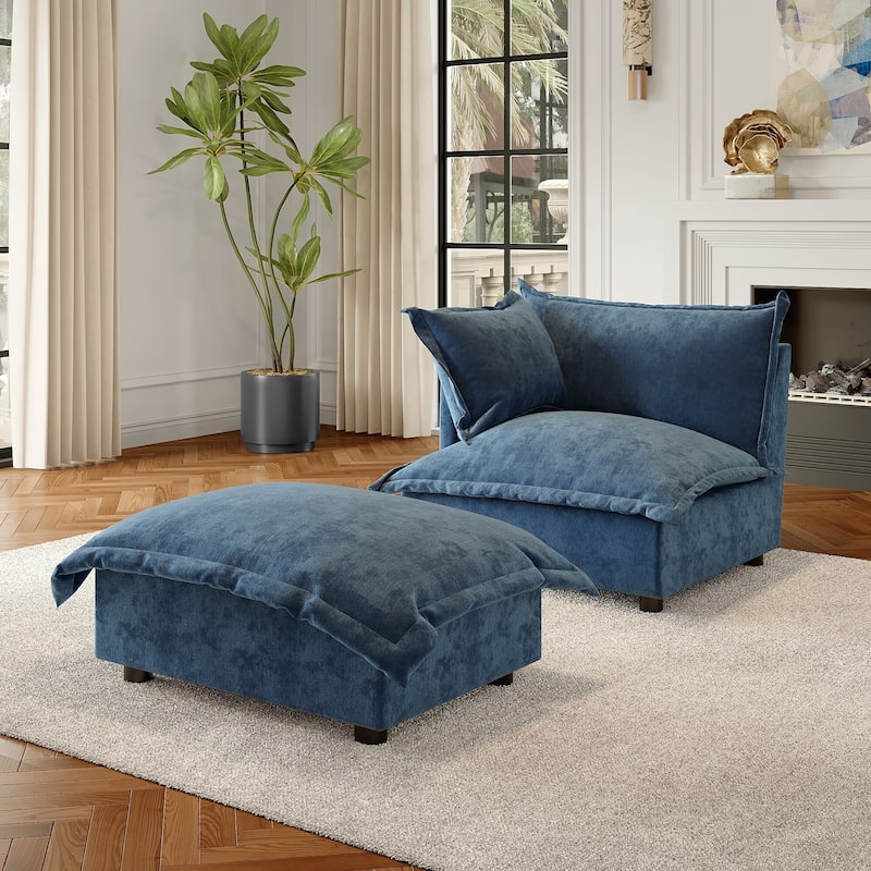 Modern Cloud Chaise Longue Accent Chair with Ottoman set - Navy-left - Corner Chair+ottoman