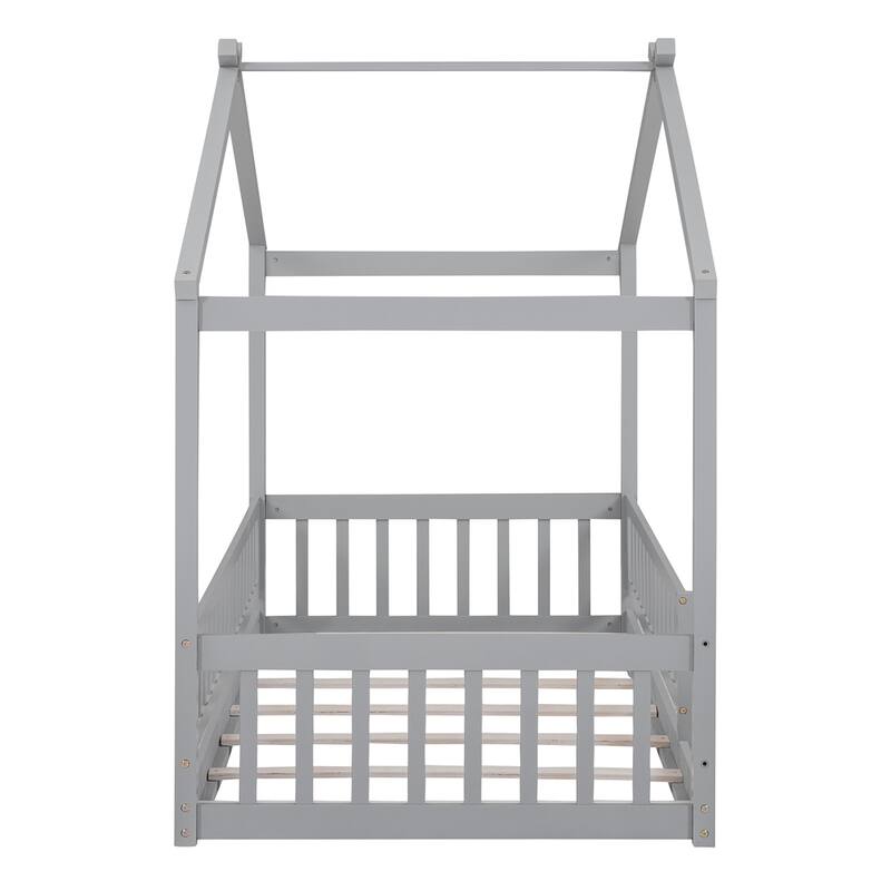 Twin Size Wood Bed House Bed Frame with Fence