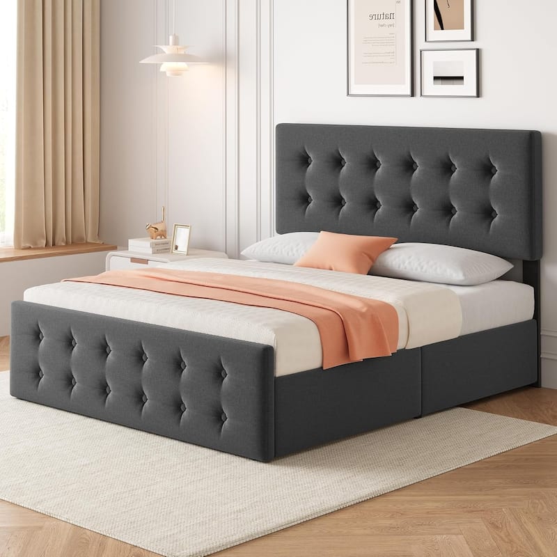 Bed Frame with Adjustable Headboard and 4 Storage Drawers