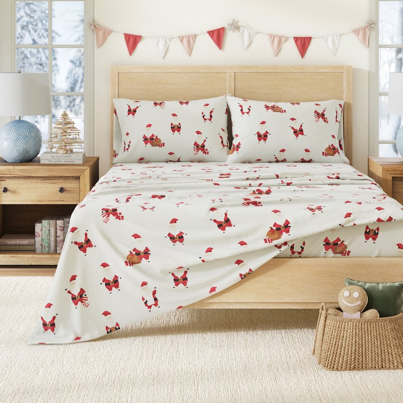 Linery & Co. Christmas Turkish Cotton Double-Brushed Flannel Bed Sheet Set - California King - Jolly Santa