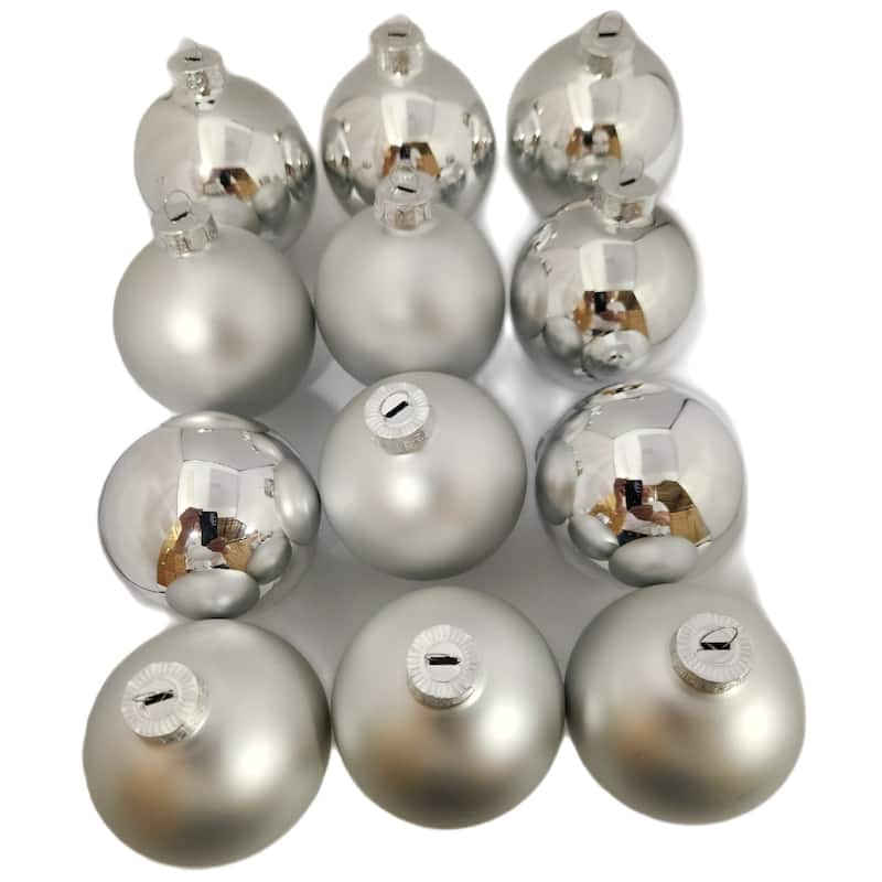 12ct Silver 2-Finish Glass Christmas Ball Ornaments 2.75" (70mm)