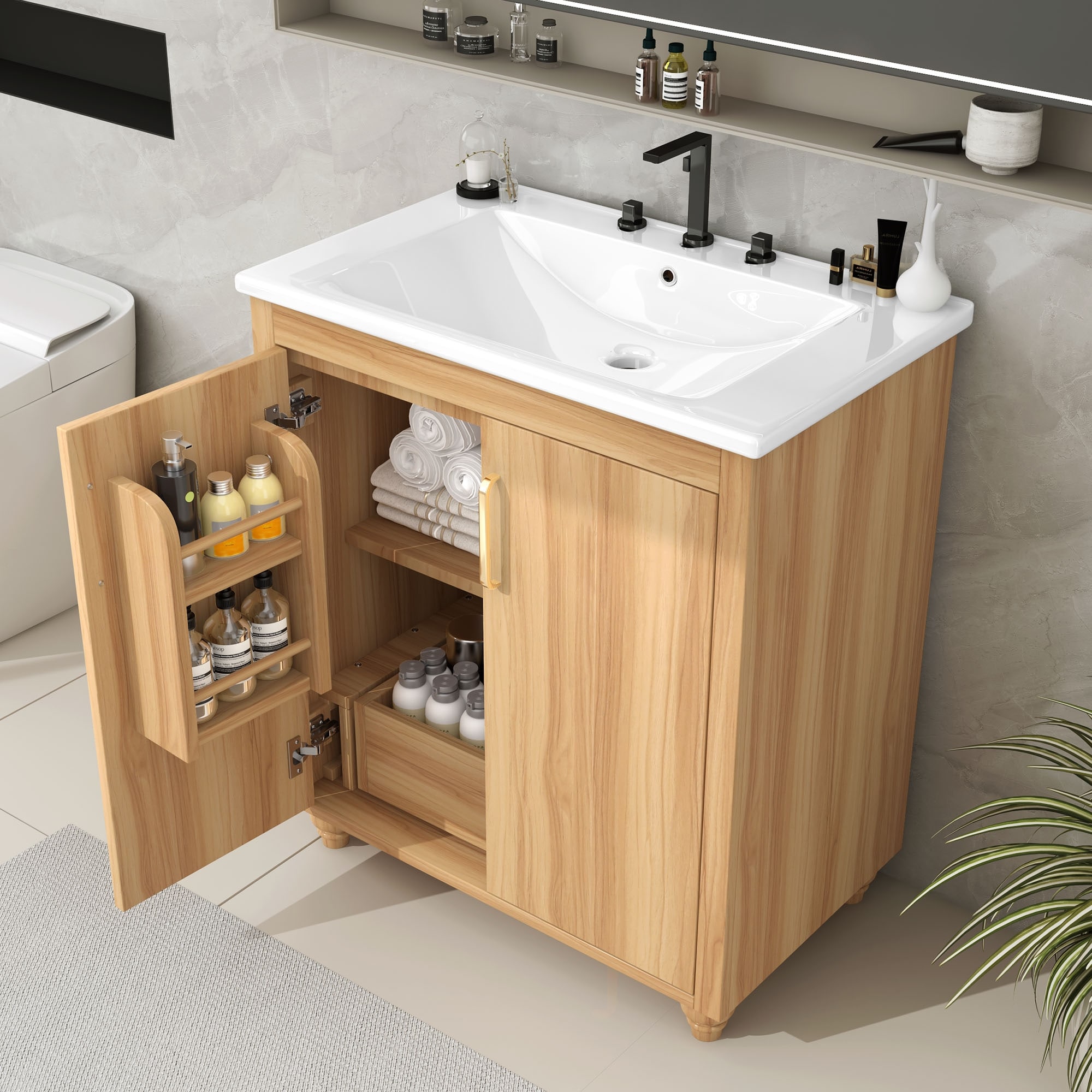 30" Bathroom Vanity, Center Rectangular Ceramic Sink Bathroom Cabinet, Natural - 30 Inch
