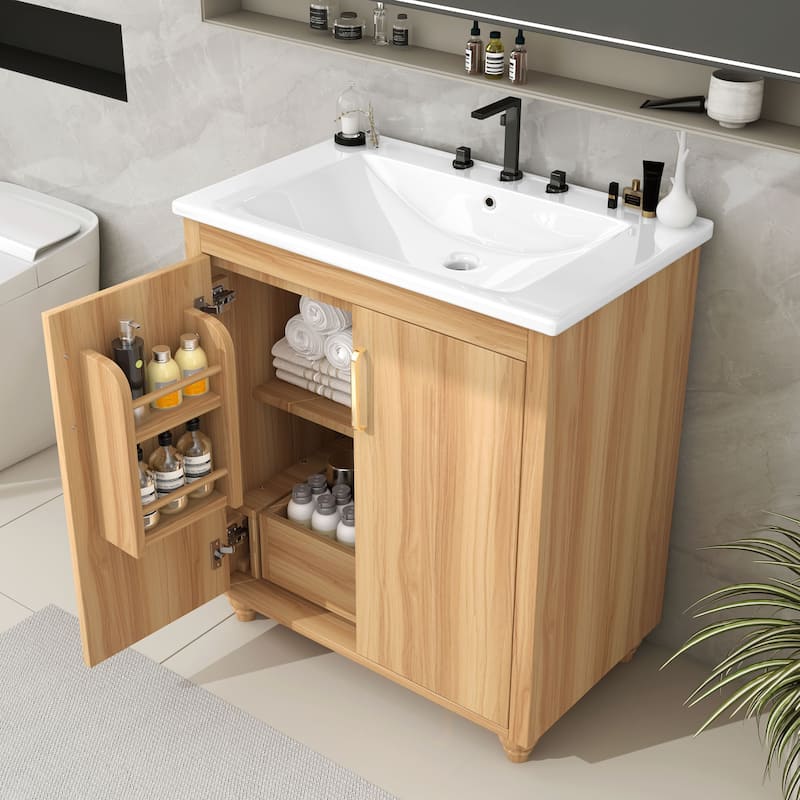 30" Bathroom Vanity with Sink Natural Wooden Storage Cabinet with Door Racks and Adjustable Shelf, Built-in Drawer with Divider