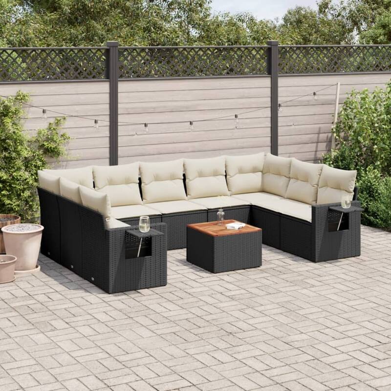 vidaXL Patio Sofa Set with Cushions Outdoor Furniture 10 Piece Poly Rattan - Black and Cream - 24.4 x 25.8 x 27.2
