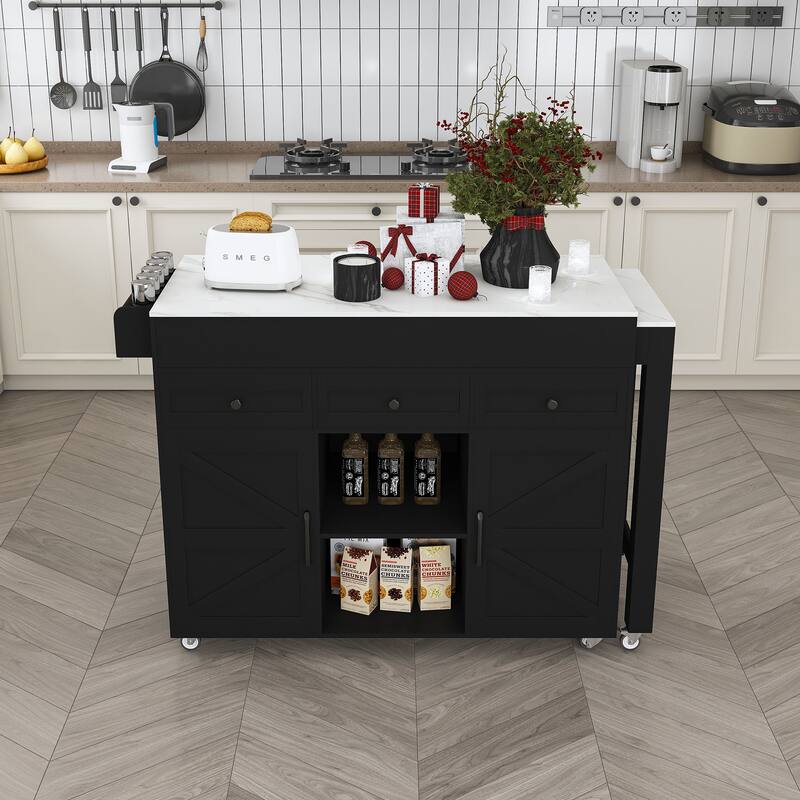 75" Kitchen Island with Extendable Table & Power Outlet - Rolling Storage Cart with Marble Top & Cabinet for Dining Room