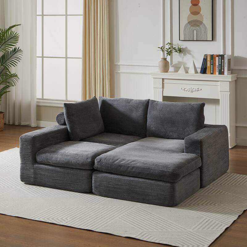 L-Shaped Sectional Sofa with Chaise Lounge, Corduroy Upholstered Boneless Couch, Module Corner Sofa with 3 Pillows