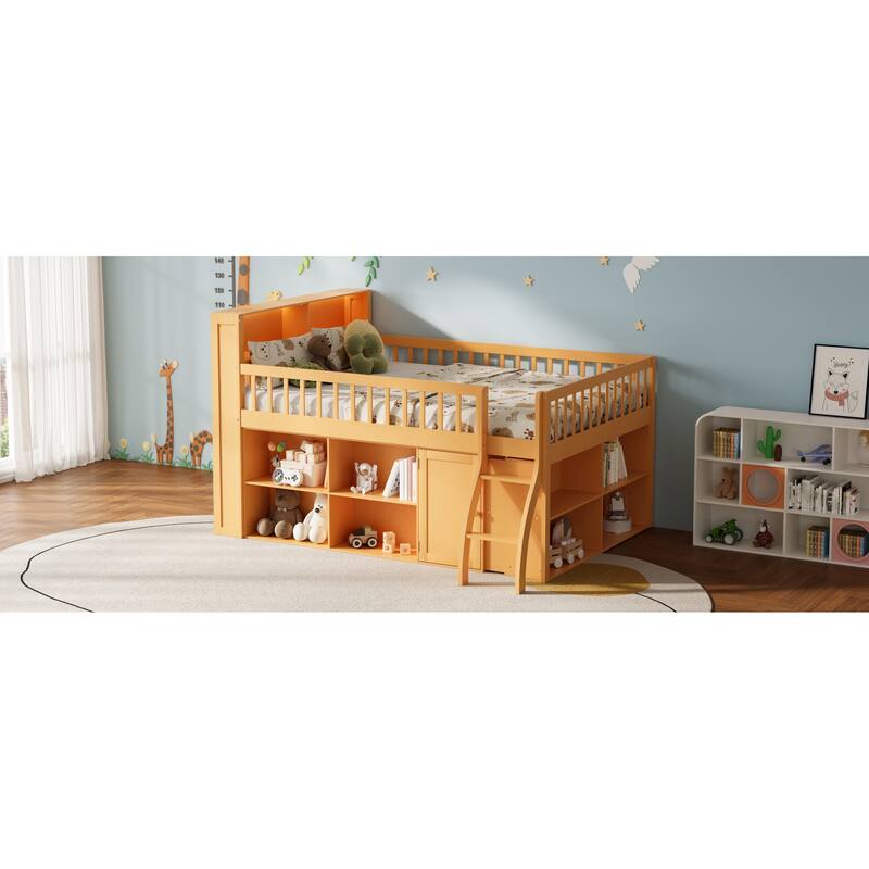 Roomfitters Full/Queen Loft Bed with Storage Shelves and LED Headboard