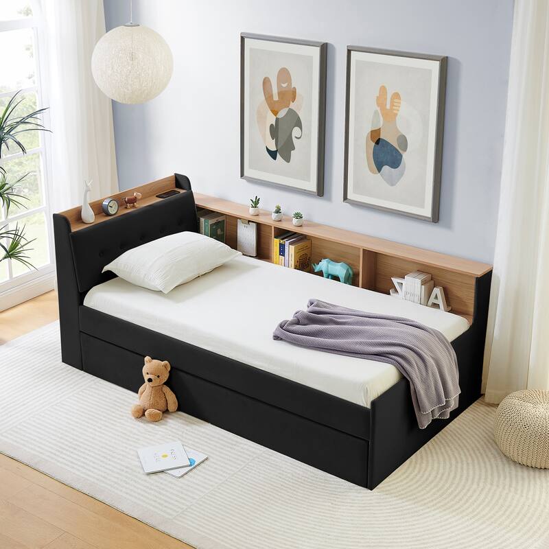 Twin Size Velvet Upholstered Daybed with Storage Headboard, LED and Wireless Charging - Optional Trundle Bed or Storage Drawers