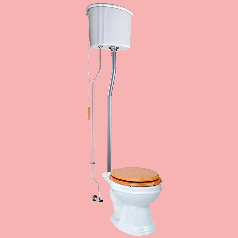 Light Oak Wooden High Tank Toilet Raised Tank, White Elongated Bowl and Satin L Pipe