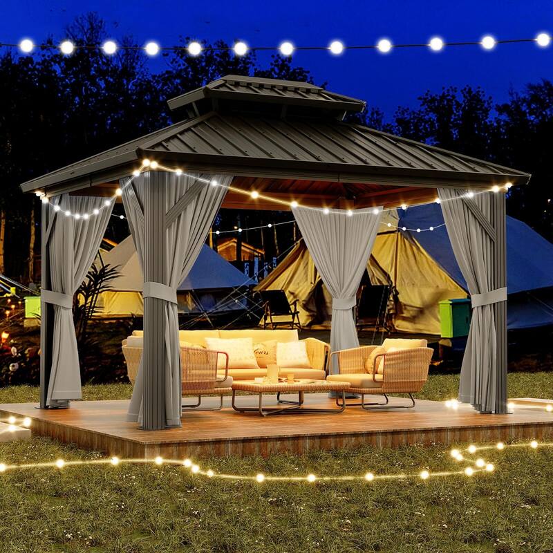 Outdoor Galvanised Steel Hardtop Gazebo, with Netting and Sunshade Curtains